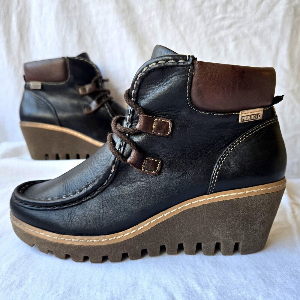 Pikolinos Maple Women's Leather Wedge Ankle Boots Black/Brown Size 40/US 9-9.5